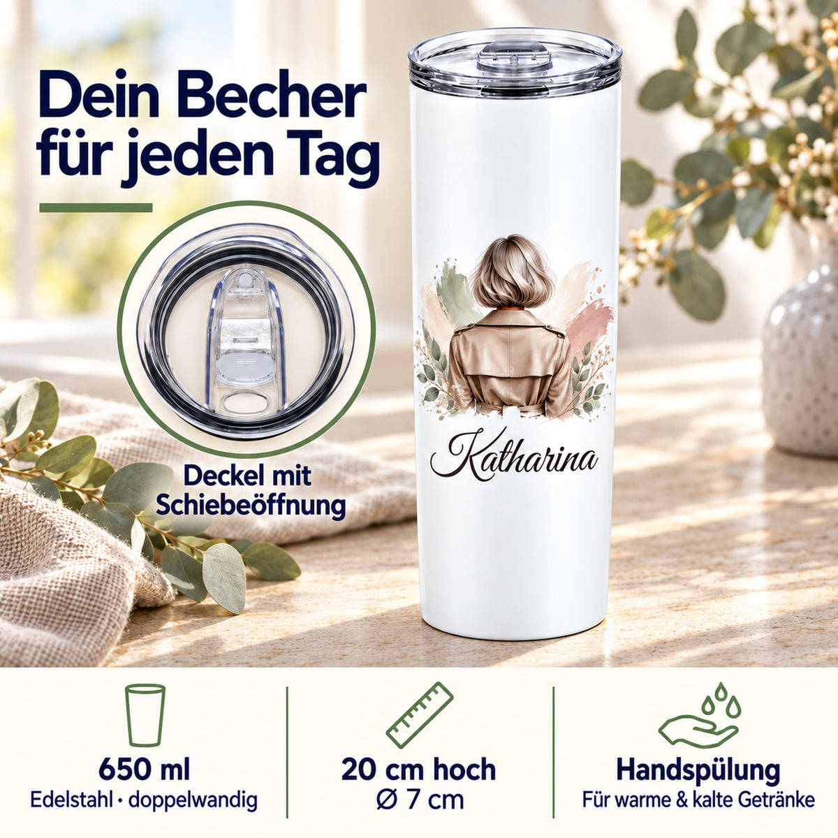 Produktdetails des personalisierten 650-ml-Thermobechers aus doppelwandigem Edelstahl mit eingesetzter Detailansicht des transparenten Schiebedeckels.