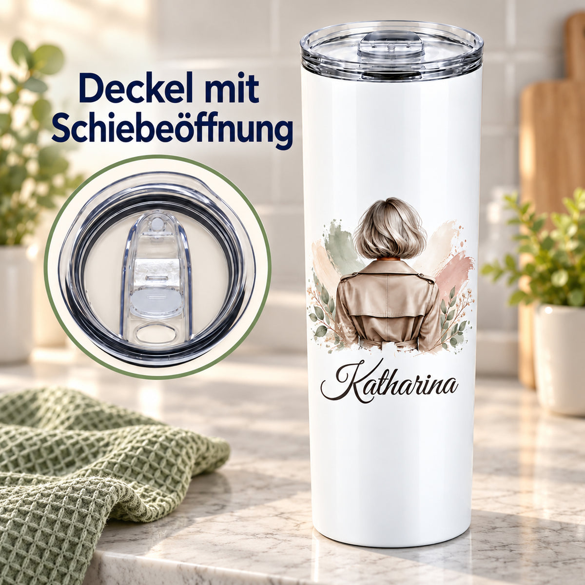 Weißer Thermobecher mit Frauenmotiv und grafisch vergrößerter Detailansicht des transparenten Deckels mit verschiebbarer Trinköffnung.