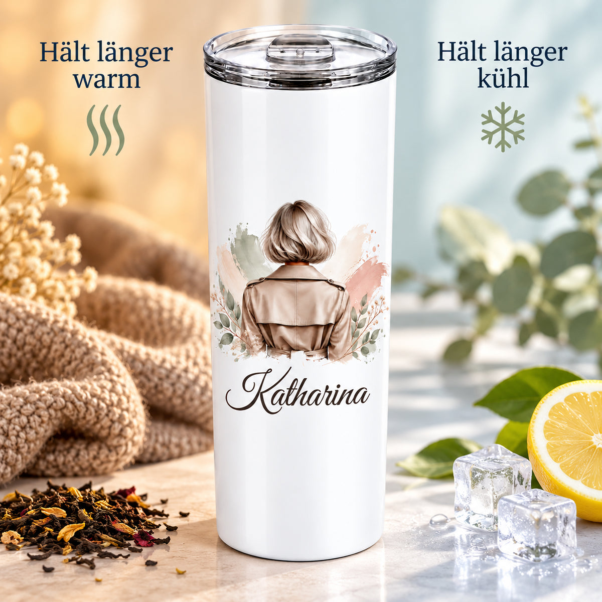 Darstellung der Thermofunktion: doppelwandiger Becher mit Frauenmotiv für warme und kalte Getränke.