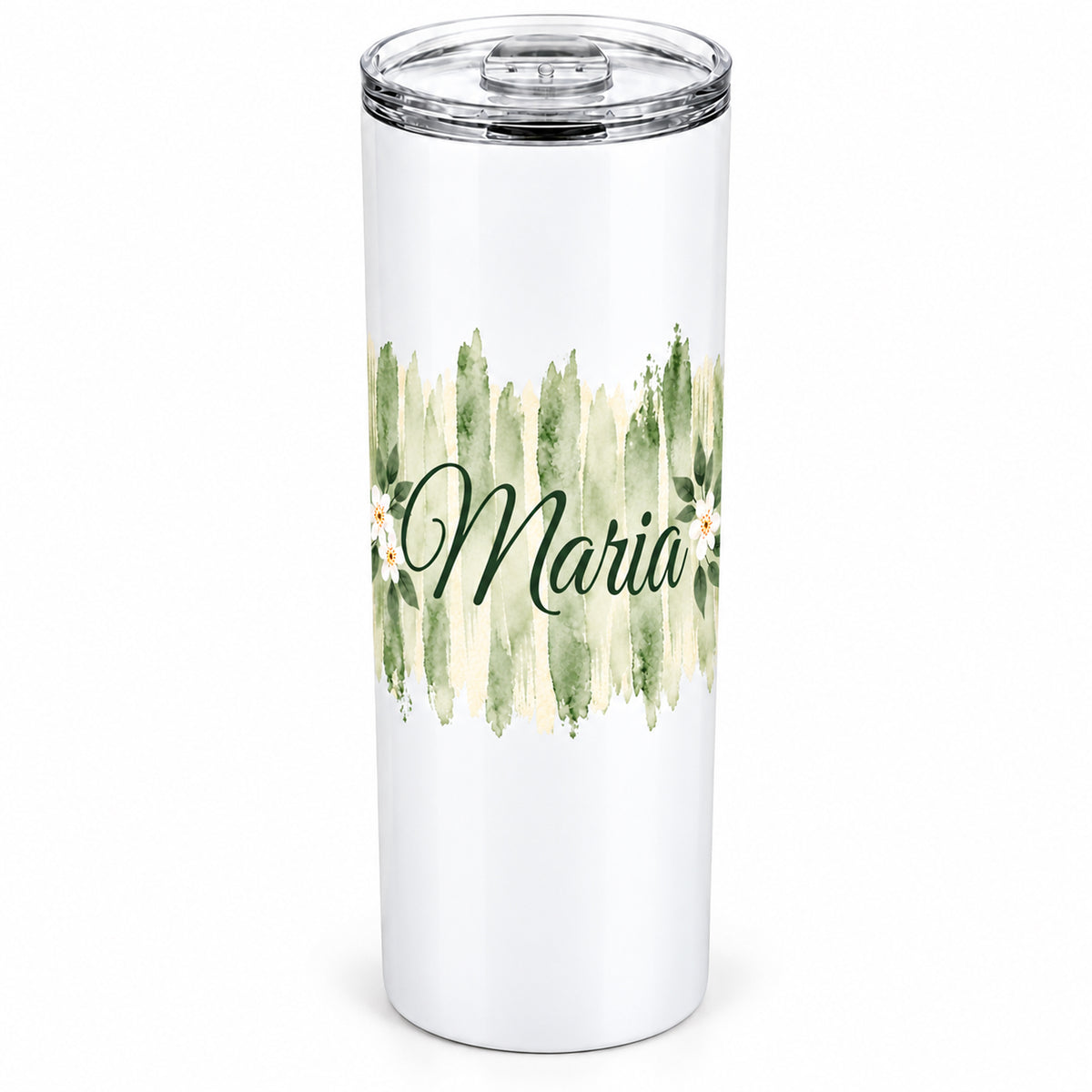 Weißer Thermobecher mit Motiv Salbeiblüte, personalisiertem Namen freigestellt auf weißem Hintergrund.