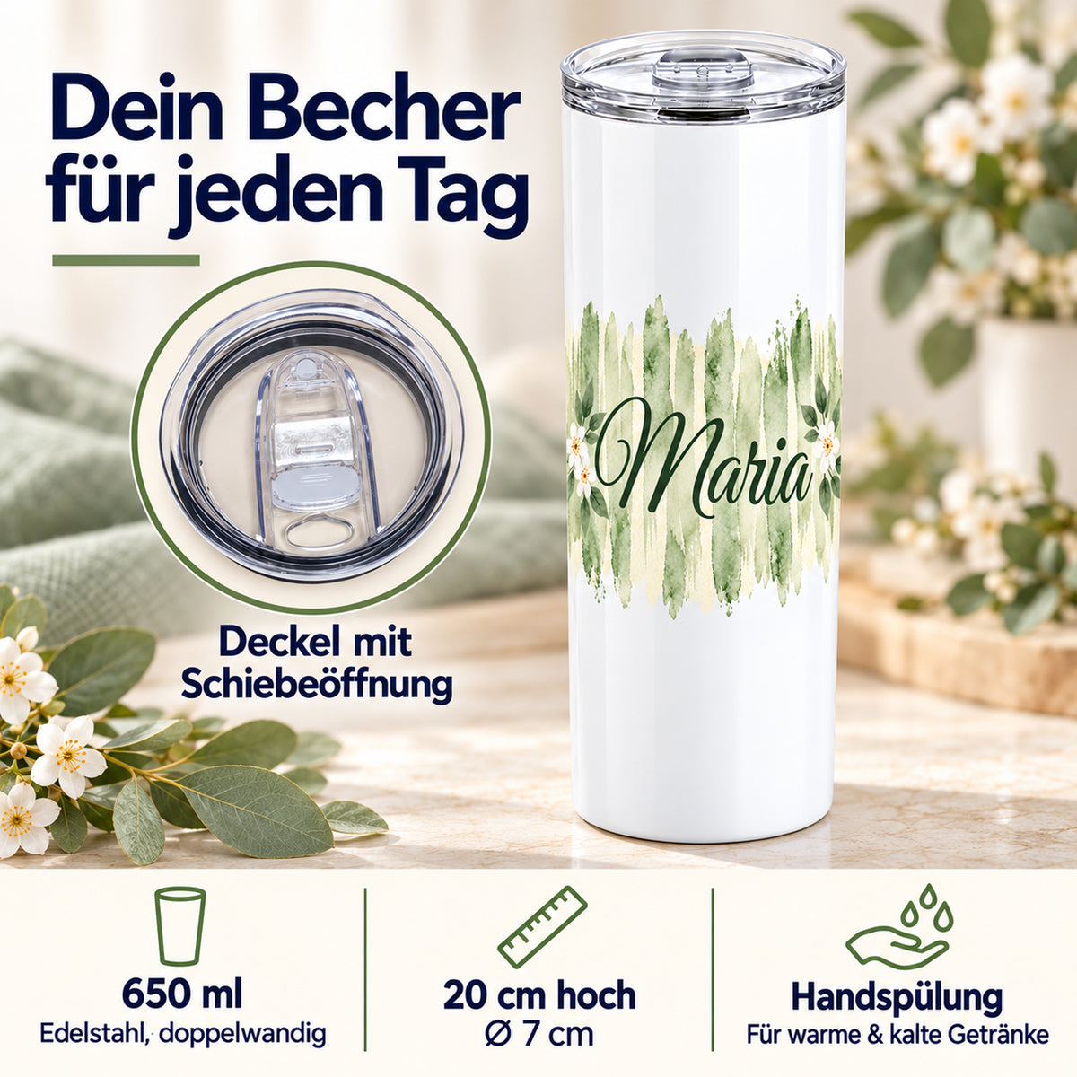 Weißer Thermobecher mit Motiv Salbeiblüte, personalisiertem Namen mit Angaben zu 650 ml, Maßen, Deckel und Handspülung.