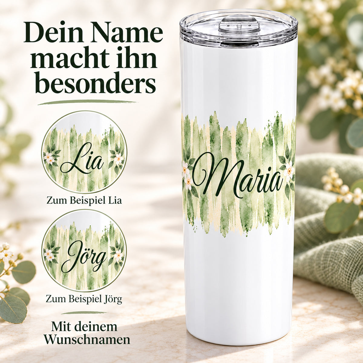 Weißer Thermobecher mit Motiv Salbeiblüte, personalisiertem Namen mit zwei gekennzeichneten Namensbeispielen.