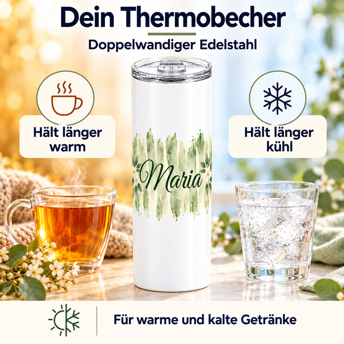 Weißer Thermobecher mit Motiv Salbeiblüte, personalisiertem Namen mit Darstellung der Warm- und Kalthaltefunktion.