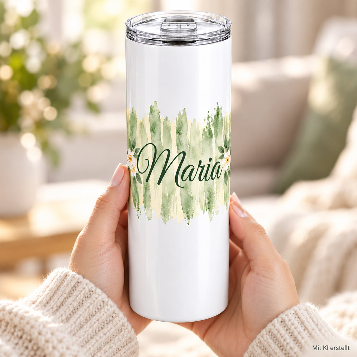 Weißer Thermobecher mit Motiv Salbeiblüte, personalisiertem Namen in Händen bei einer Kaffeepause; Kennzeichnung Mit KI erstellt.