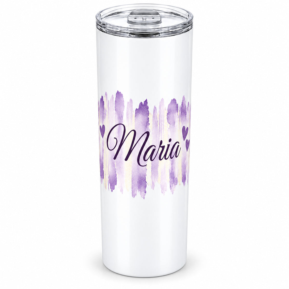 Weißer Thermobecher mit Motiv Fliederliebe, personalisiertem Namen freigestellt auf weißem Hintergrund.