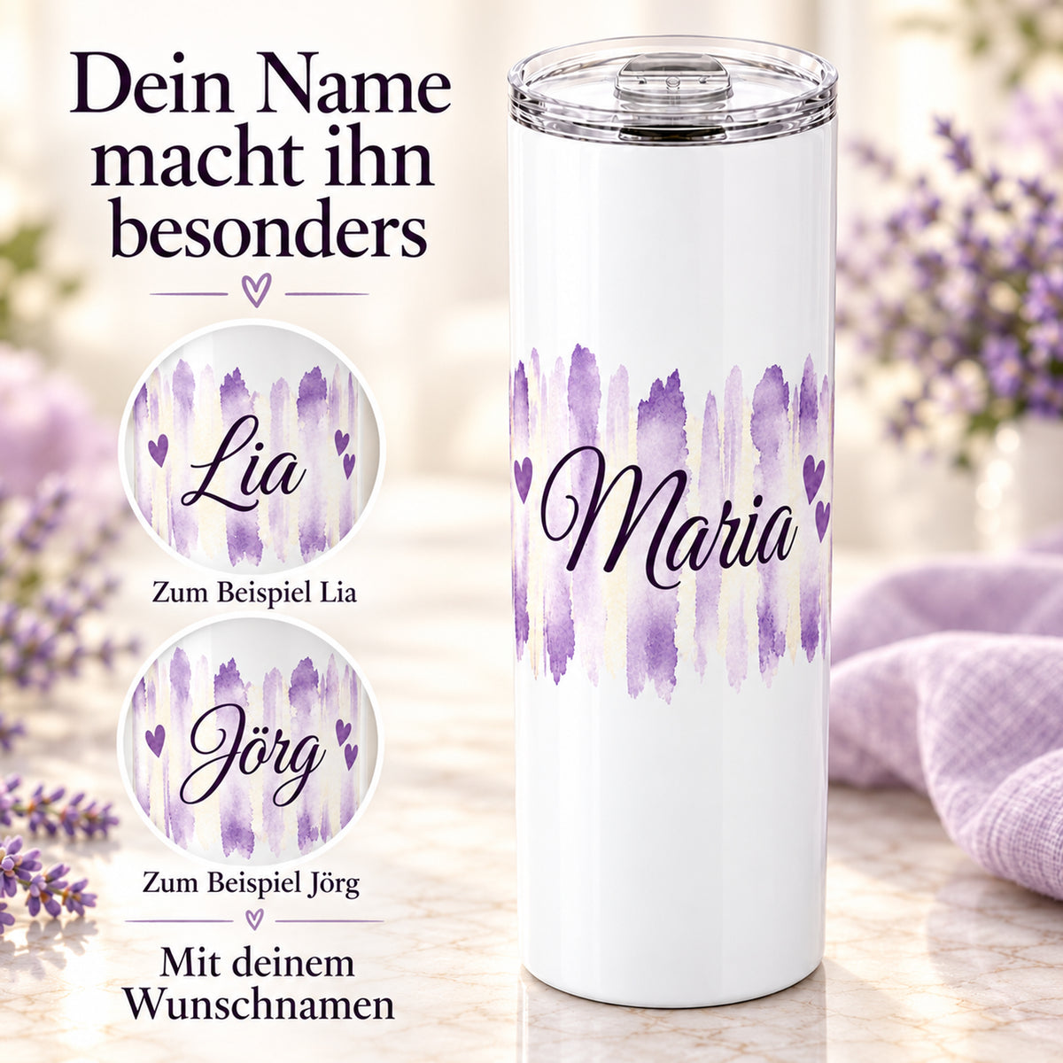 Weißer Thermobecher mit Motiv Fliederliebe, personalisiertem Namen mit zwei gekennzeichneten Namensbeispielen.