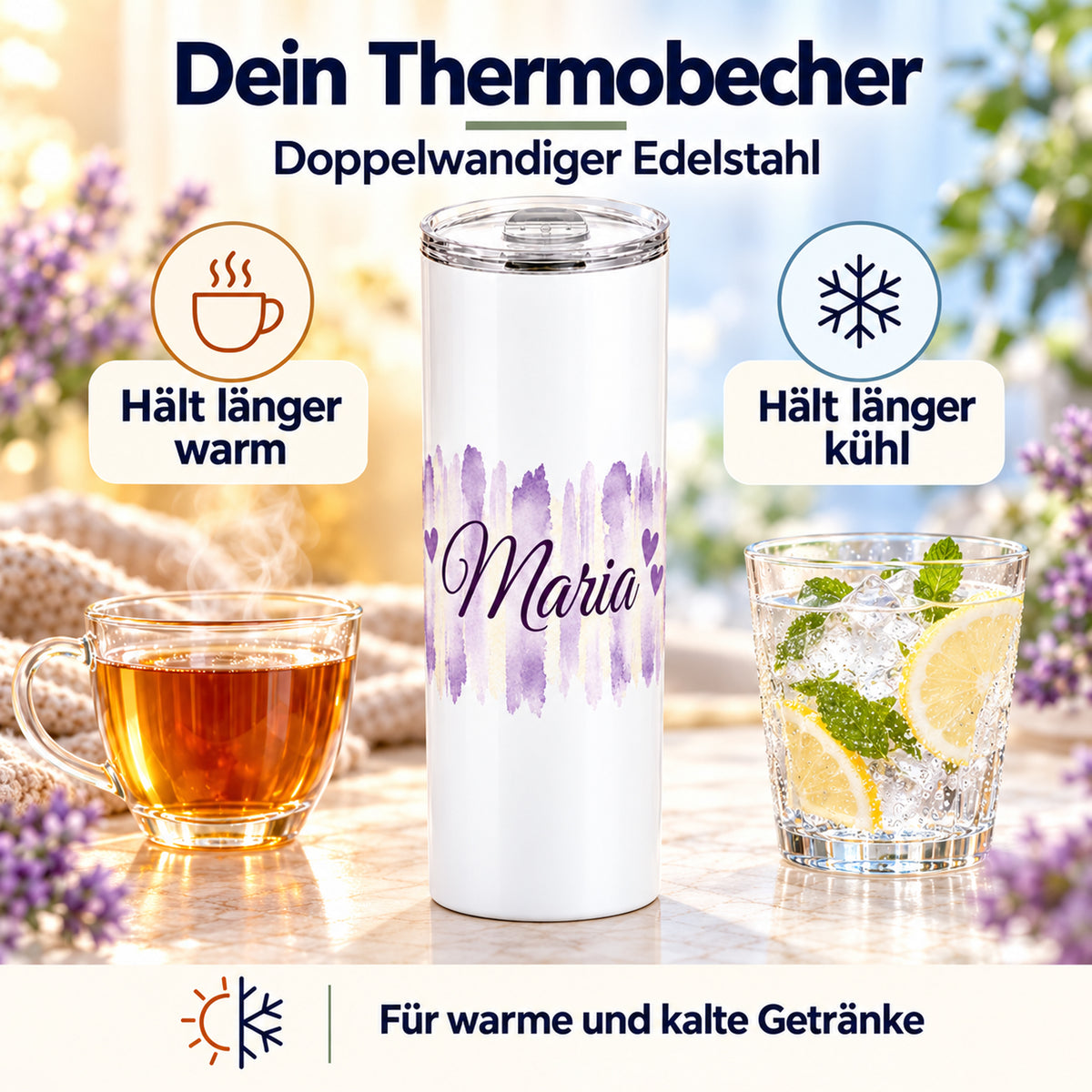 Weißer Thermobecher mit Motiv Fliederliebe, personalisiertem Namen mit Darstellung der Warm- und Kalthaltefunktion.