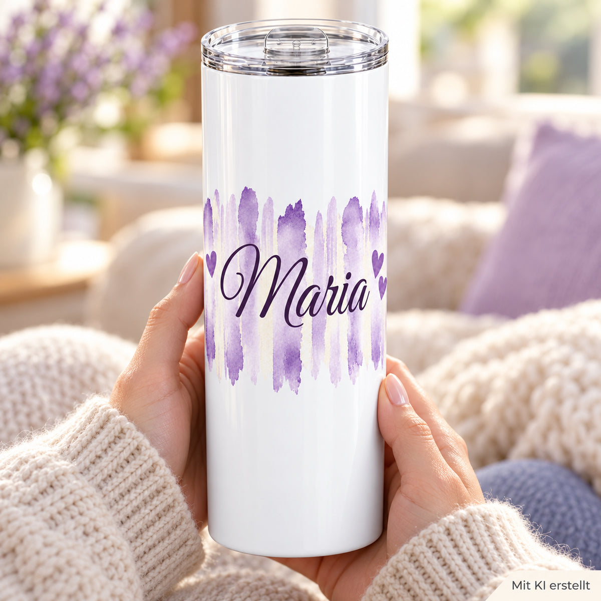 Weißer Thermobecher mit Motiv Fliederliebe, personalisiertem Namen in Händen bei einer Kaffeepause; Kennzeichnung Mit KI erstellt.