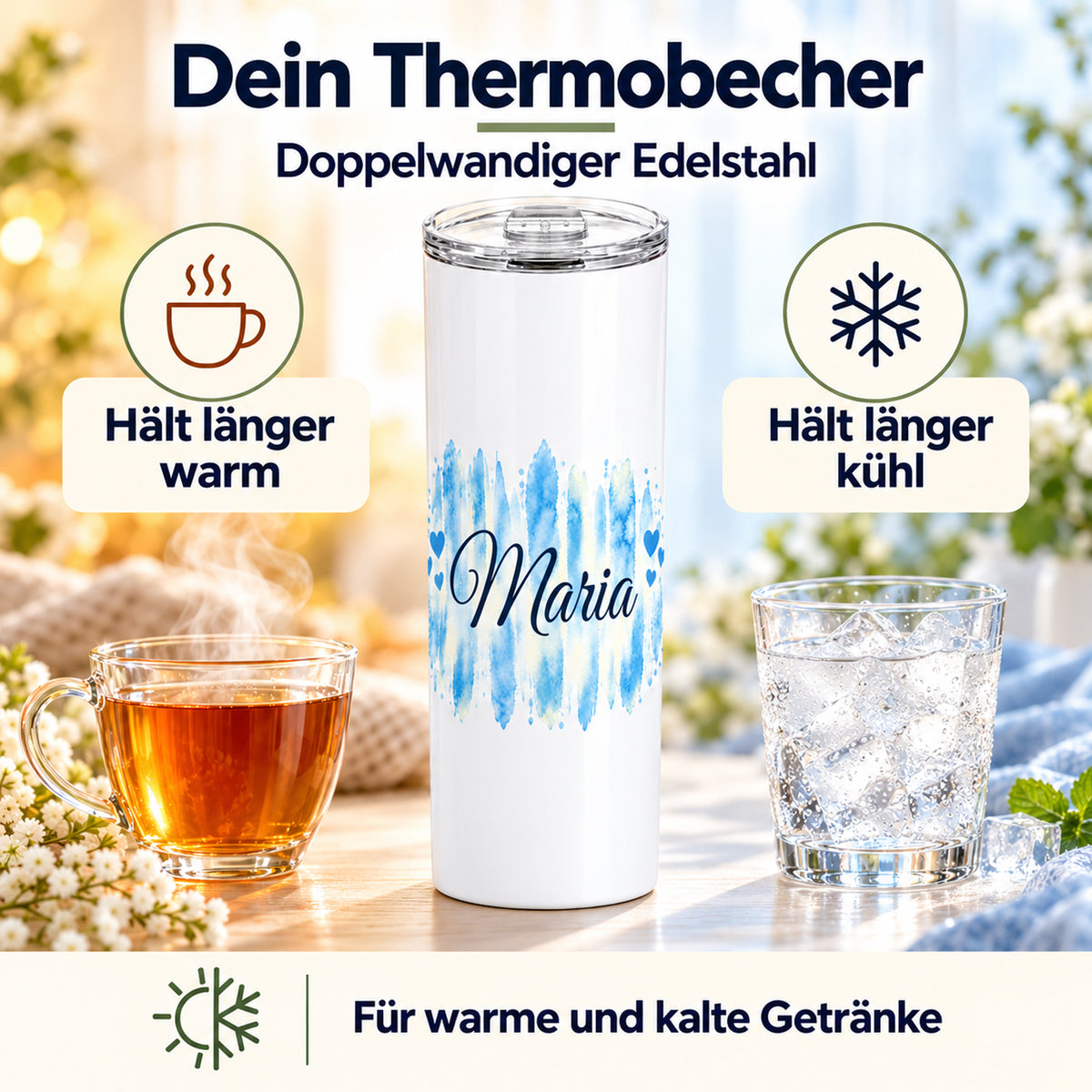 Weißer Thermobecher mit Motiv Himmelherz, personalisiertem Namen mit Darstellung der Warm- und Kalthaltefunktion.