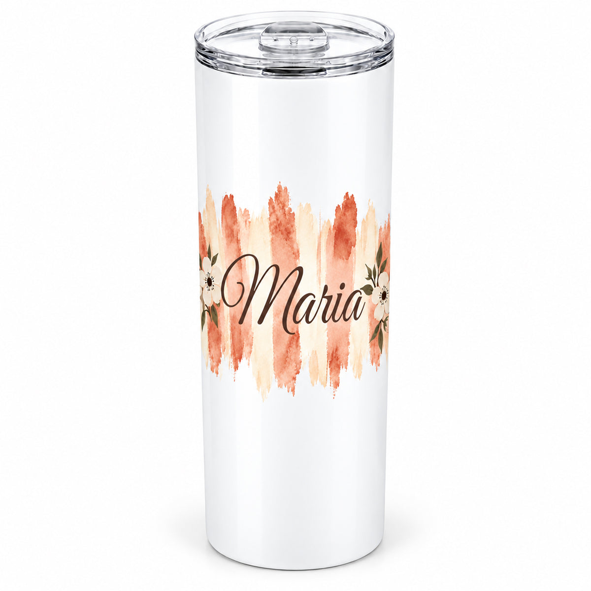 Weißer Thermobecher mit Motiv Terrakottablüte, personalisiertem Namen freigestellt auf weißem Hintergrund.