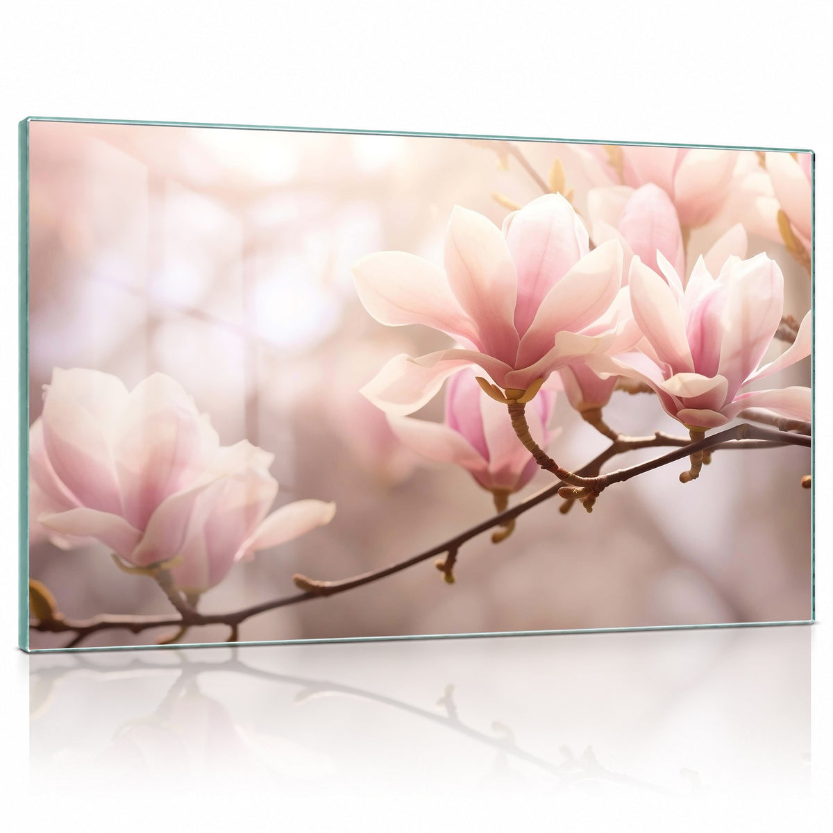 Einzelne Glasplatte mit dem Motiv Magnolien und sichtbarer Glaskante.
