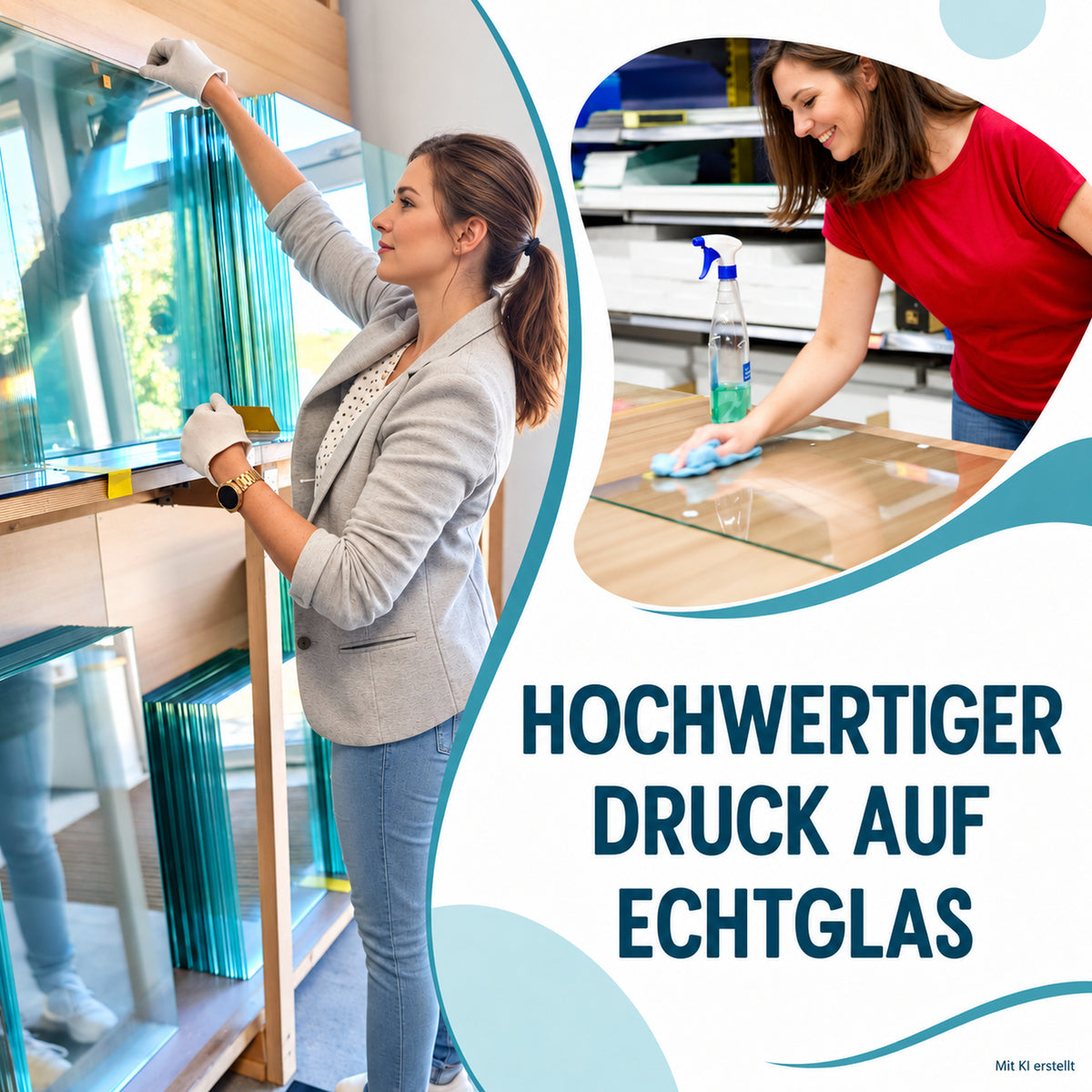Illustrative Werkstattszenen zum Druck auf Echtglas; Kennzeichnung als KI-erstelltes Bild.