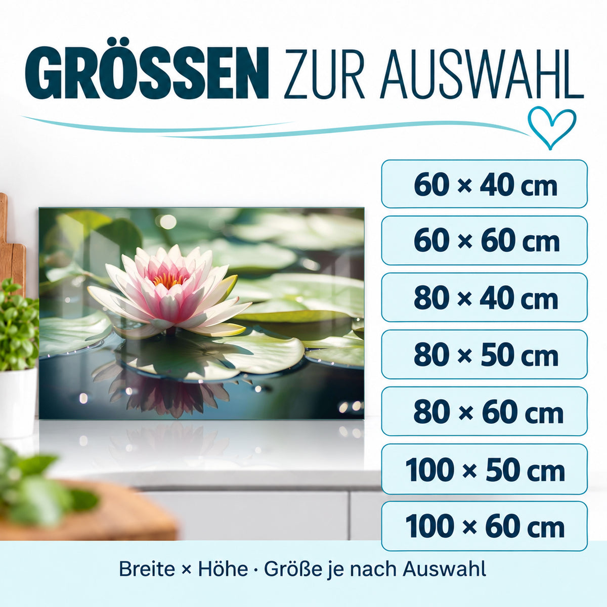 Größenübersicht für den Spritzschutz Seerose: sieben Größen von 60 × 40 bis 100 × 60 cm.