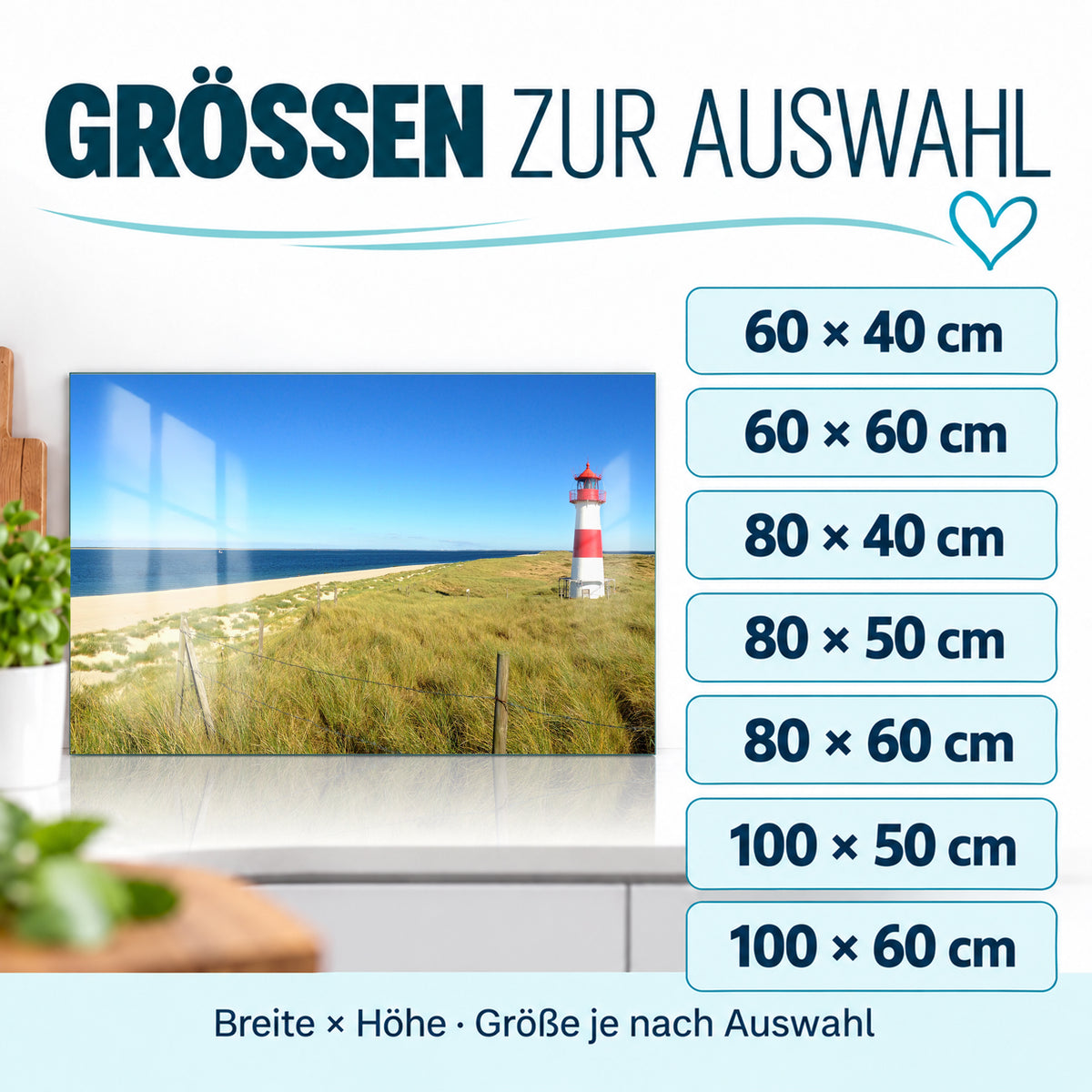 Größenübersicht für den Spritzschutz Leuchtturm: sieben Größen von 60 × 40 bis 100 × 60 cm.
