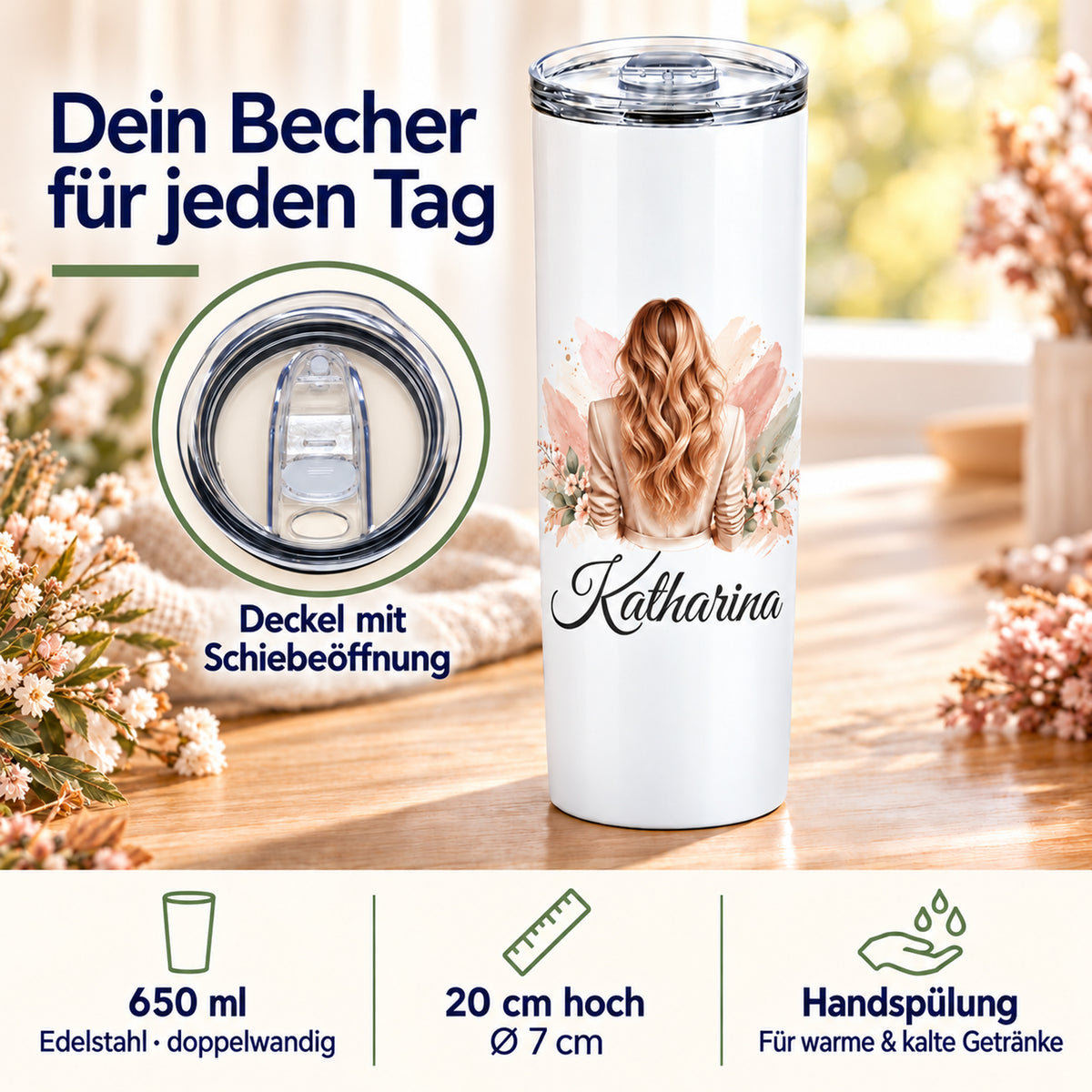 Produktdetails des personalisierten 650-ml-Thermobechers aus doppelwandigem Edelstahl mit eingesetzter Detailansicht des transparenten Schiebedeckels.