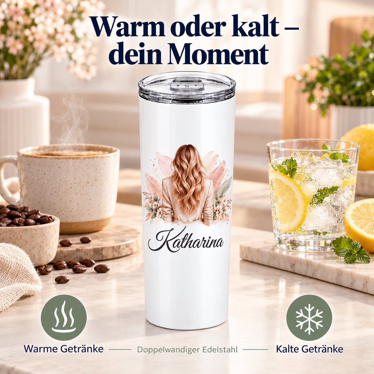 Darstellung der Thermofunktion: doppelwandiger Becher mit Frauenmotiv für warme und kalte Getränke.