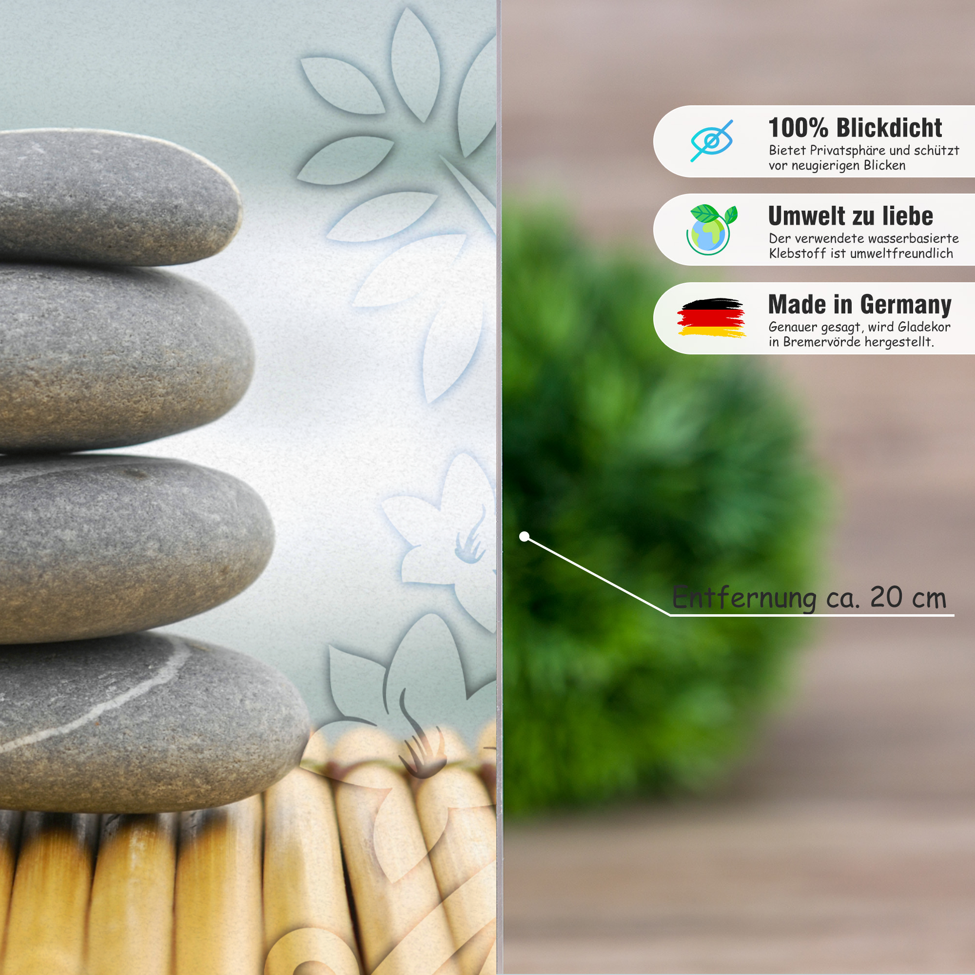 Blickdichte Folie mit Stein- und Pflanzenmotiv, umweltfreundlich.