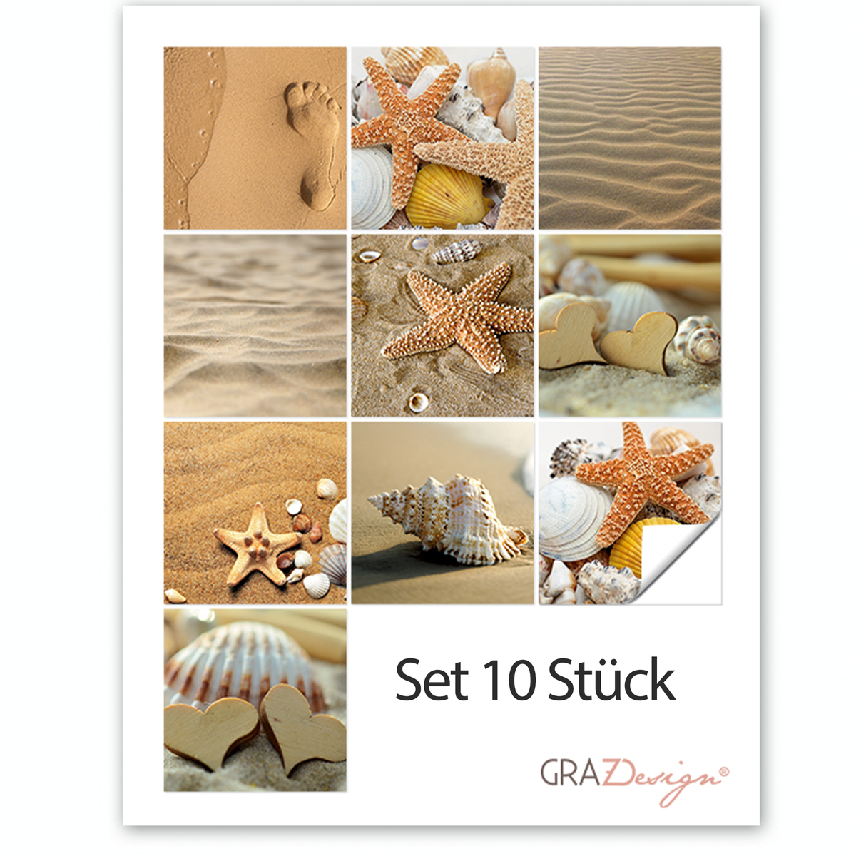 Set aus 10 Bildern mit Sand, Muscheln und Sternen.