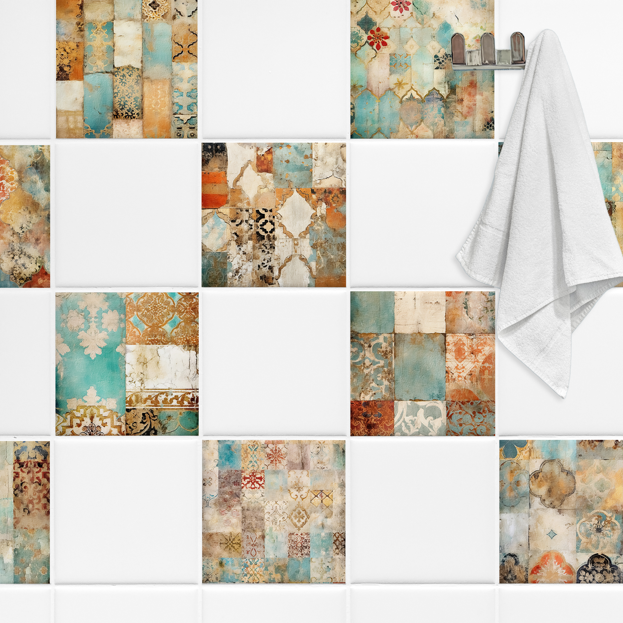 Bunte Fliesenmuster in Blau, Orange und Beige, Handtuch.