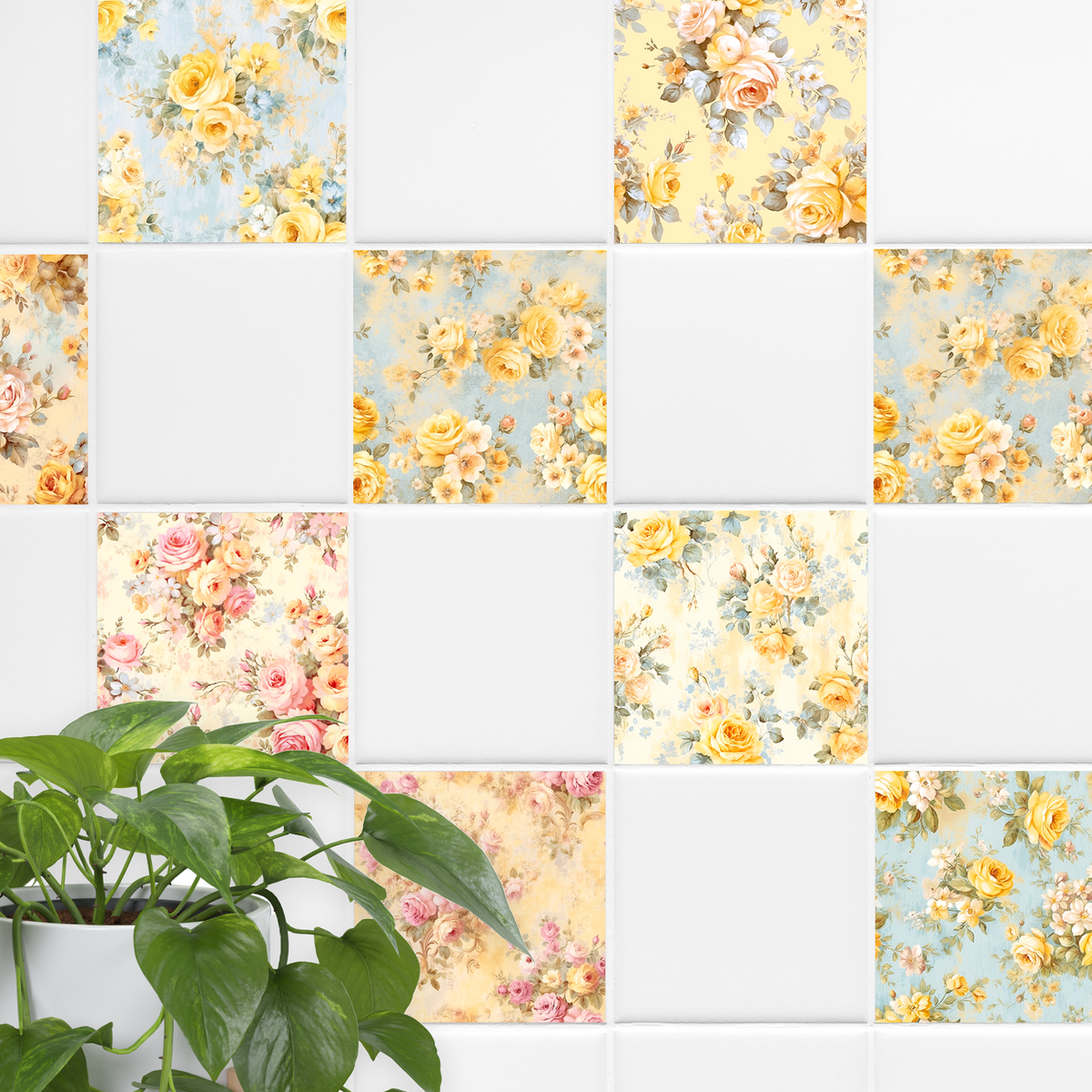 Fliesen mit floralen Mustern in Gelb und Rosa.