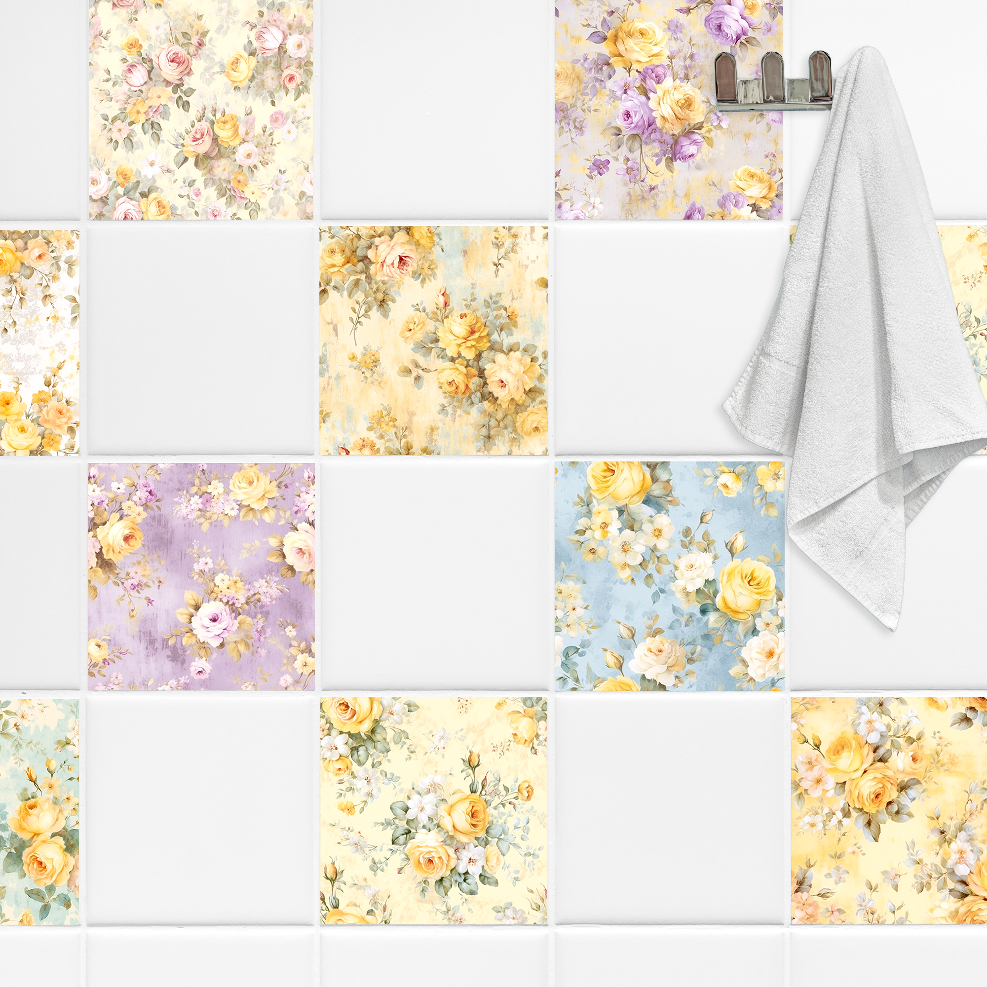 Fliesen mit floralen Mustern in Gelb und Pastellfarben.