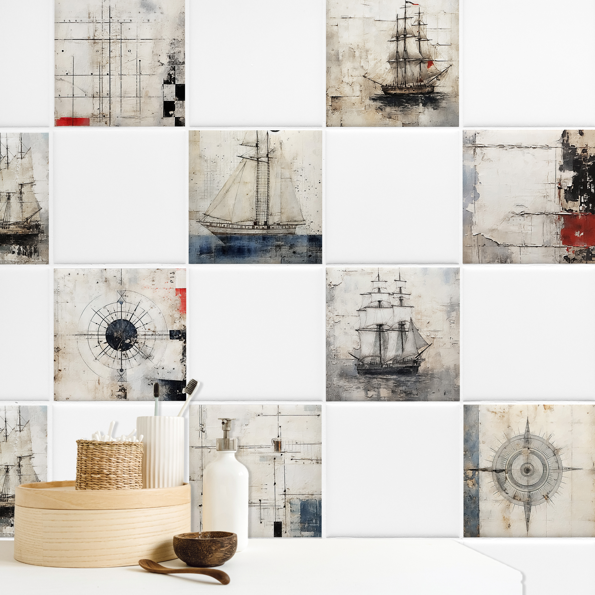 Maritime Wandkunst mit Segelschiffen in Beige und Blau.