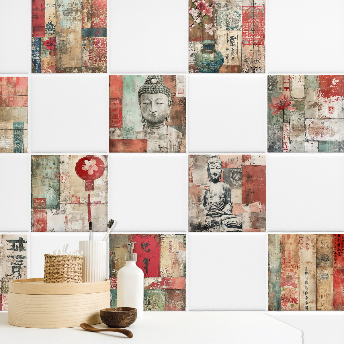 Asiatische Wandfliesen mit Buddha-Motiven in Erdtönen.
