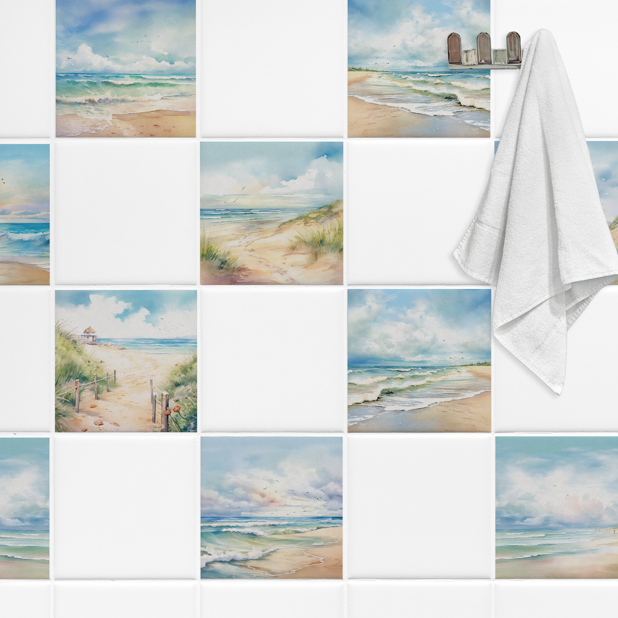 Bunte Fliesen mit Strandmotiven und weißem Handtuch.