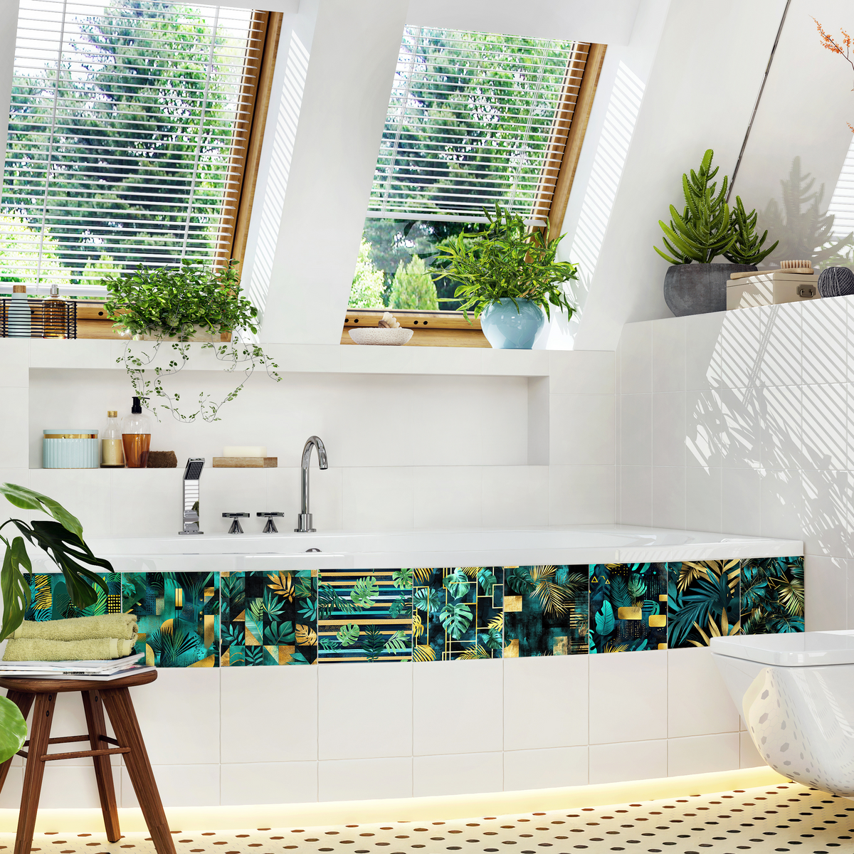 Badezimmer mit grünem Pflanzenmuster und moderner Badewanne.