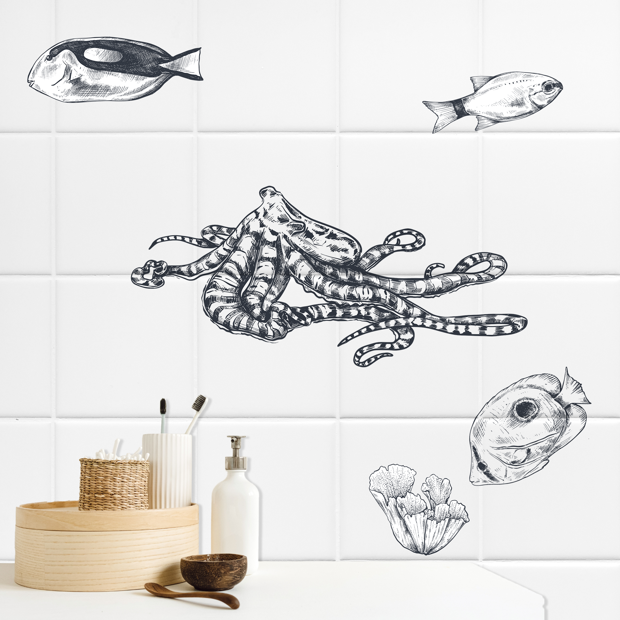 Größenübersicht für Wandtattoo mit Meeresbewohnern und Oktopus