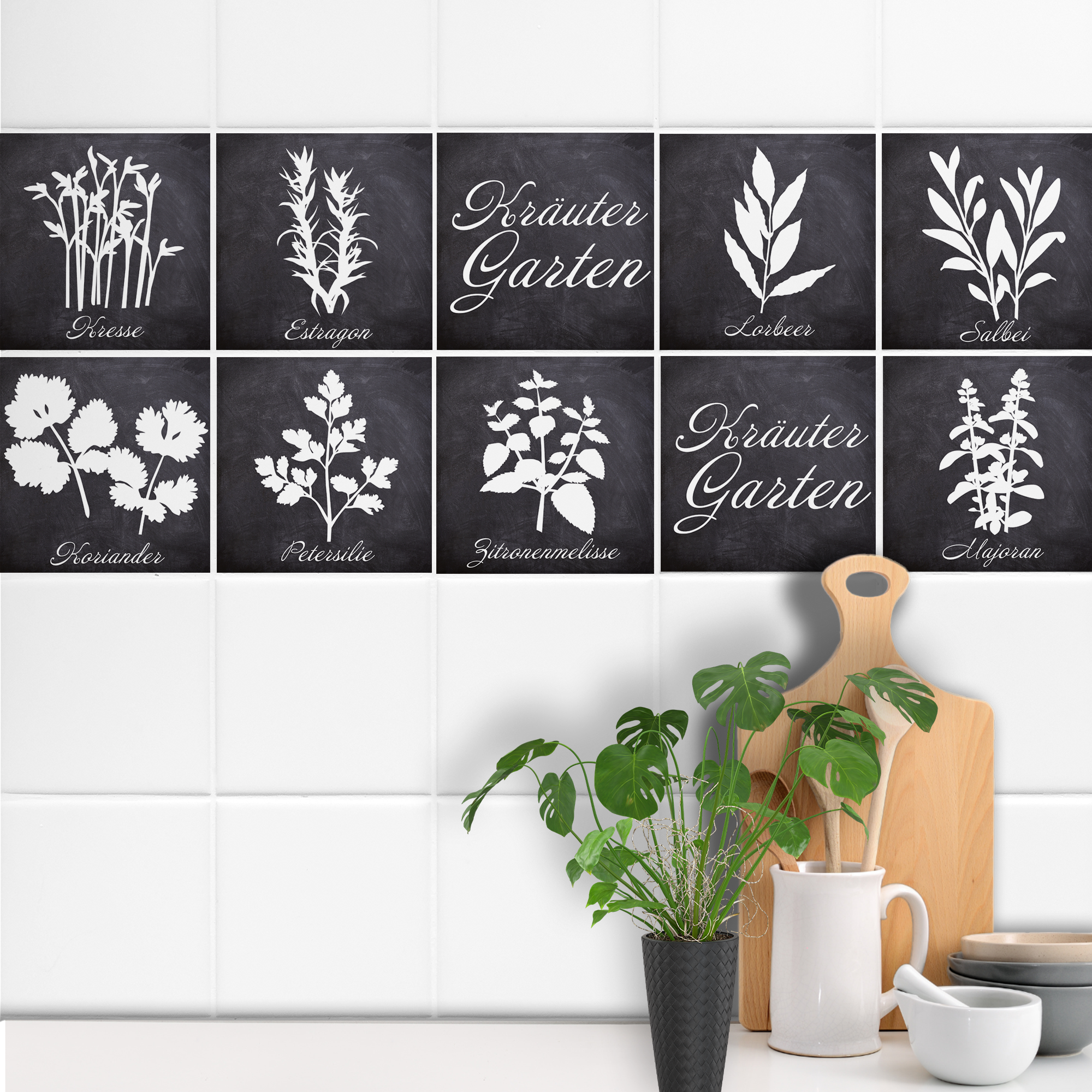 Fliesenaufkleber Küche mit Kräuter Garten und Grau Optik