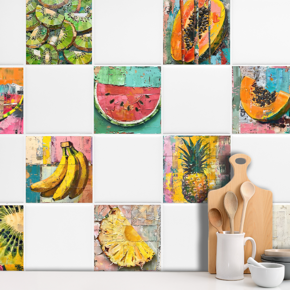 Bunte Fruchtillustrationen auf Wandfliesen, inklusive Melone und Ananas.