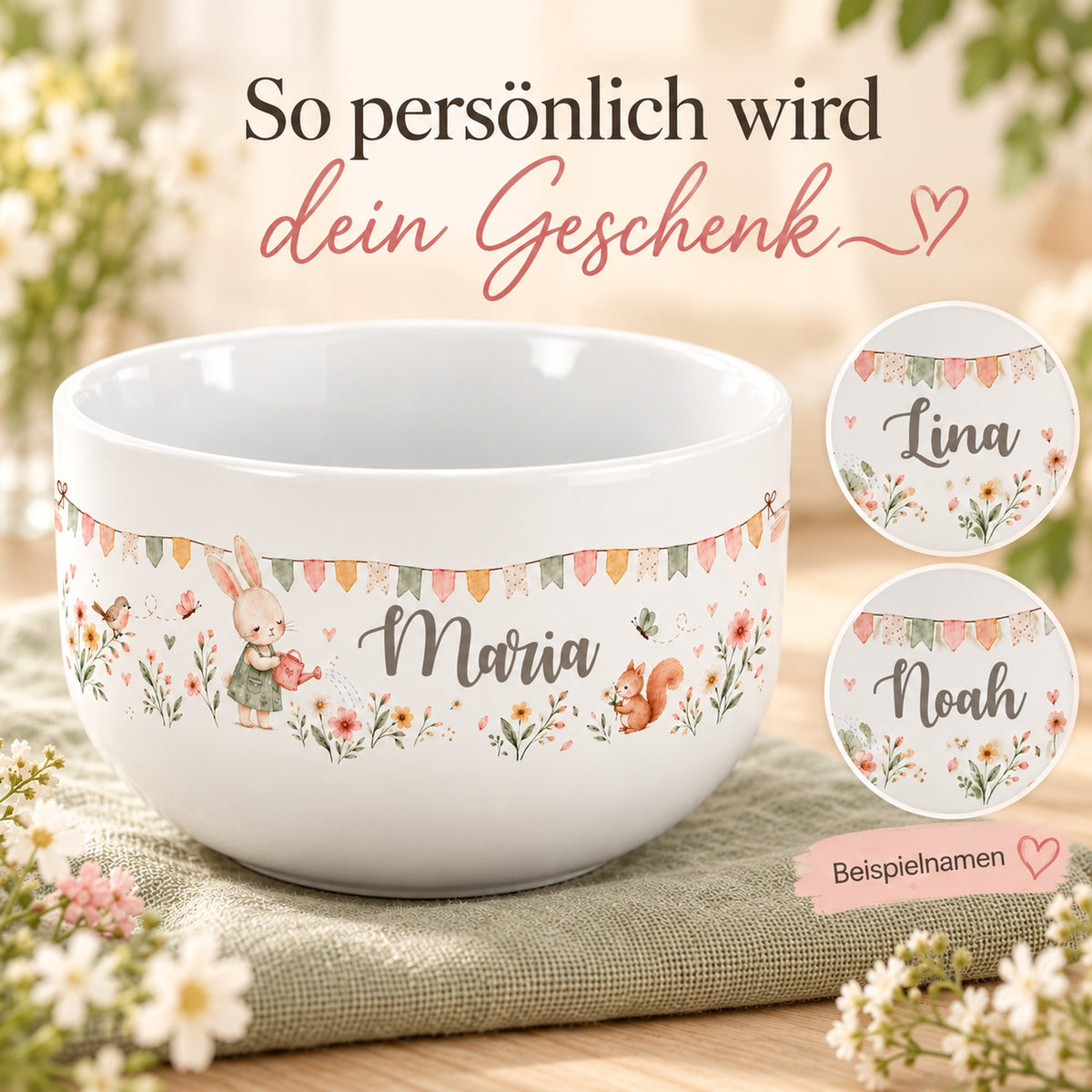 Häschen-Müslischale mit Namensaufdruck und zwei vergrößerten Beispielen für die Personalisierung.