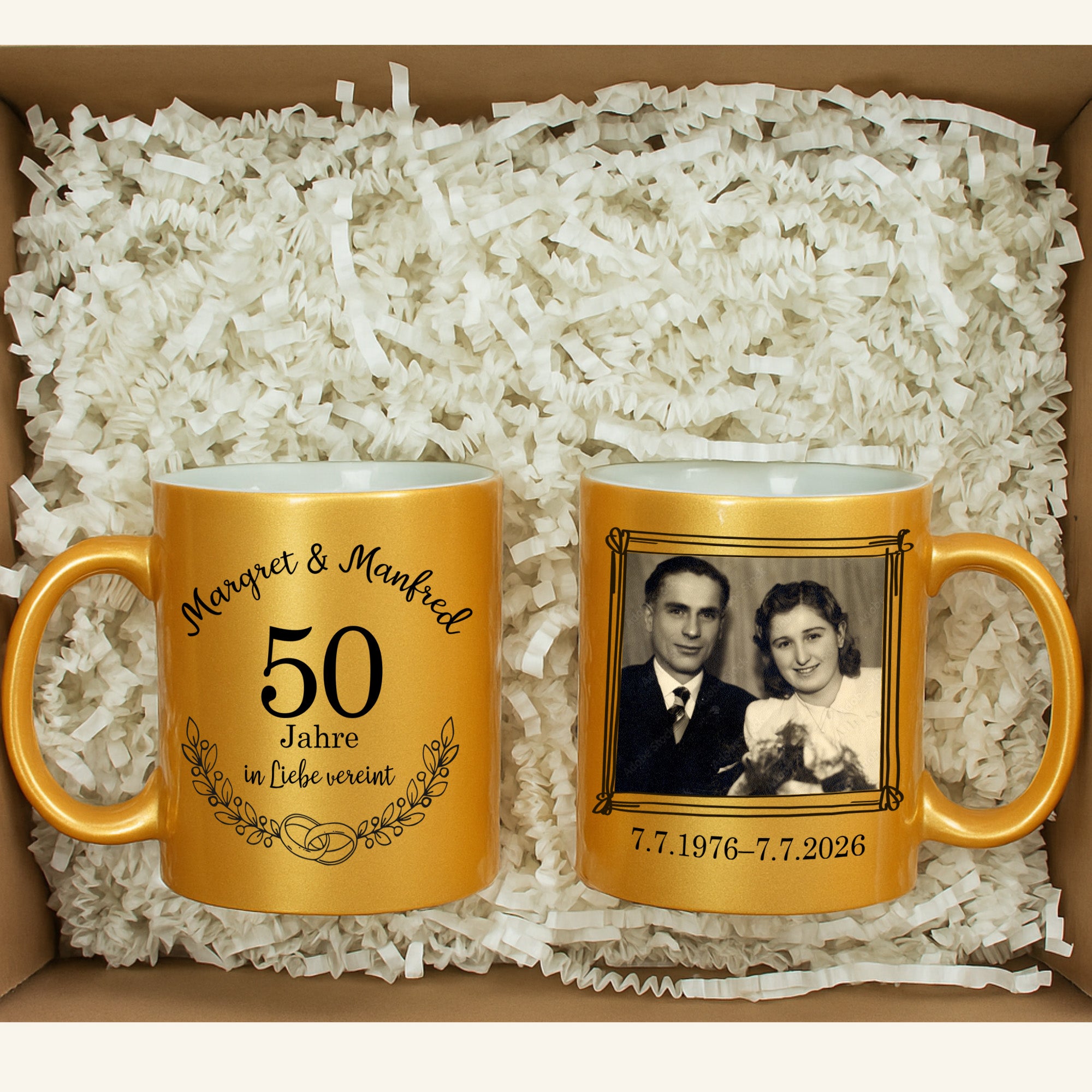 Hochzeitsgeschenk - Geschenk Set Zwei Tassen Goldene Hochzeit mit Foto