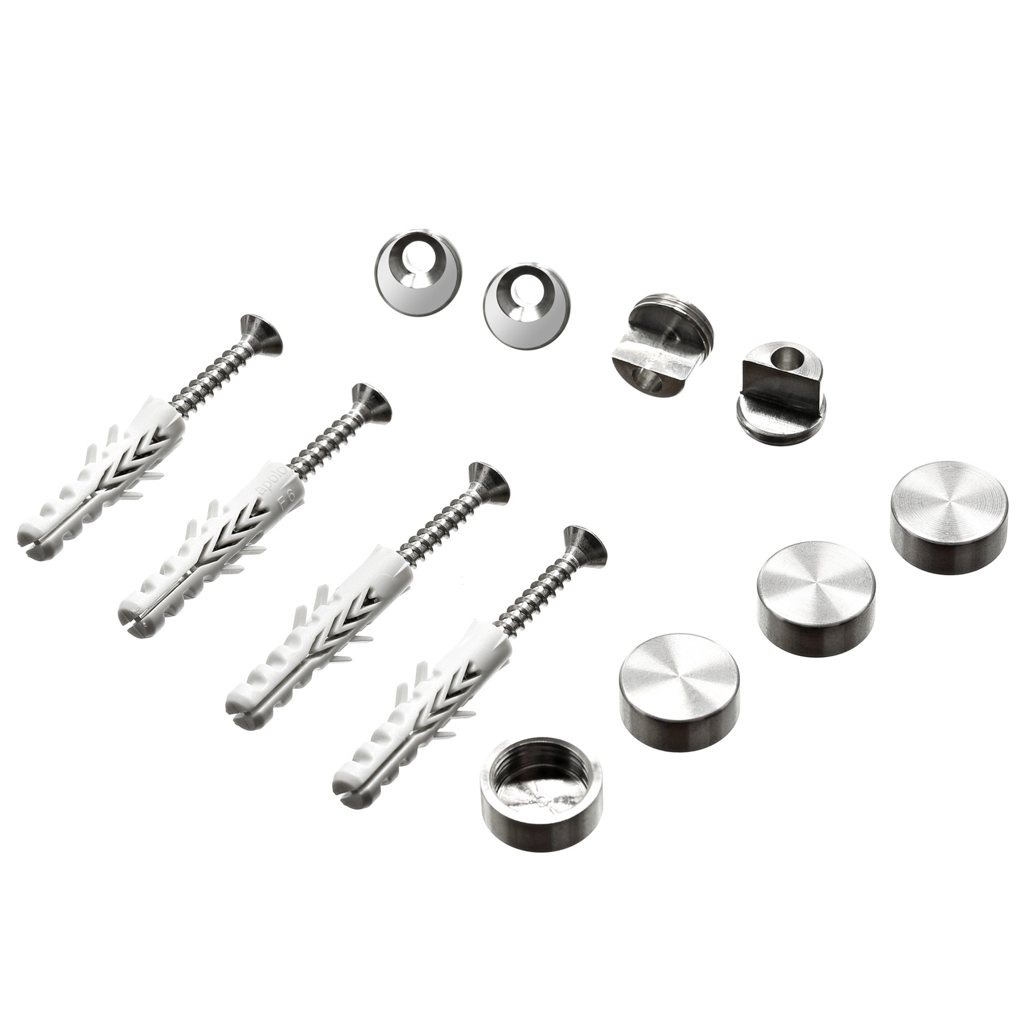 Klemmhalter-Set aus Edelstahl mit vier Schrauben, Dübeln und Abdeckkappen