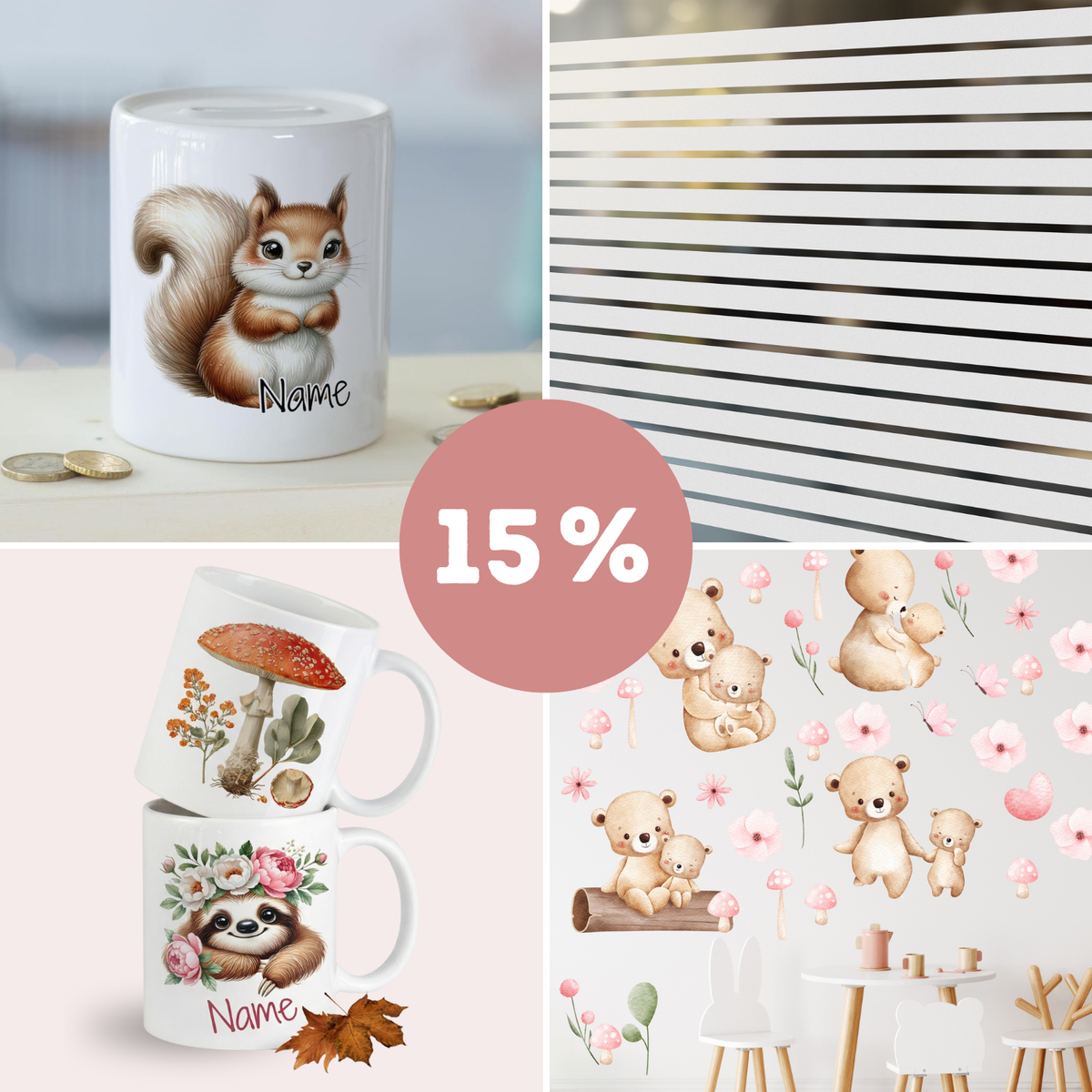 Tassen mit Tiermotiven und personalisierbarem Namen.