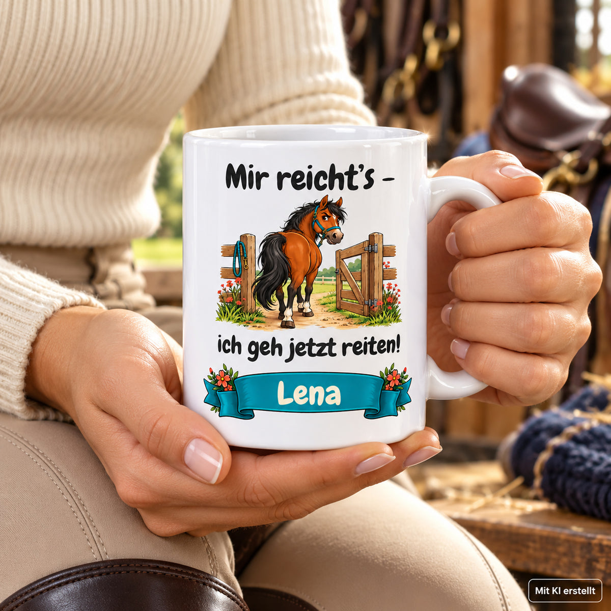 Weiße Pferdetasse mit Namen, braunem Pferd am Koppeltor und Spruch „Mir reicht’s – ich geh jetzt reiten!“, in den Händen einer erwachsenen Person.
