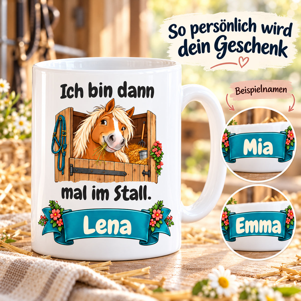 Weiße Pferdetasse mit Namen, Haflinger an der Stalltür und Spruch „Ich bin dann mal im Stall.“, mit vergrößerten Namensbeispielen.