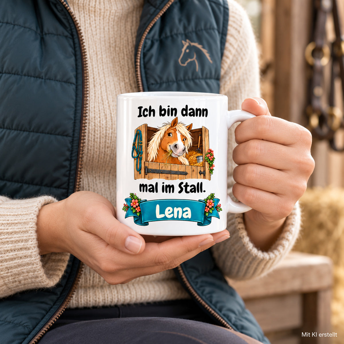Weiße Pferdetasse mit Namen, Haflinger an der Stalltür und Spruch „Ich bin dann mal im Stall.“, in den Händen einer erwachsenen Person.