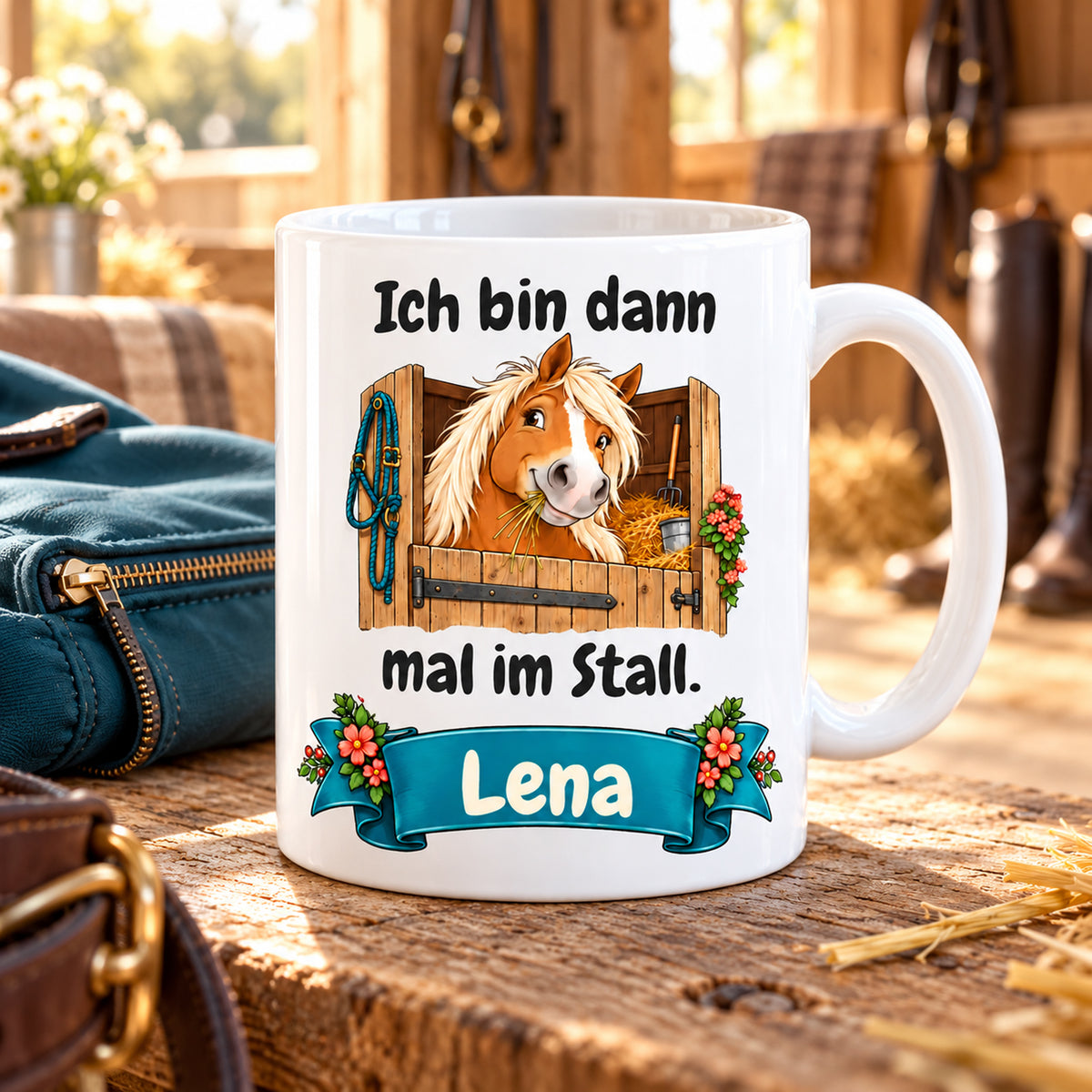 Weiße Pferdetasse mit Namen, Haflinger an der Stalltür und Spruch „Ich bin dann mal im Stall.“, in einer gemütlichen Reitstall-Umgebung.