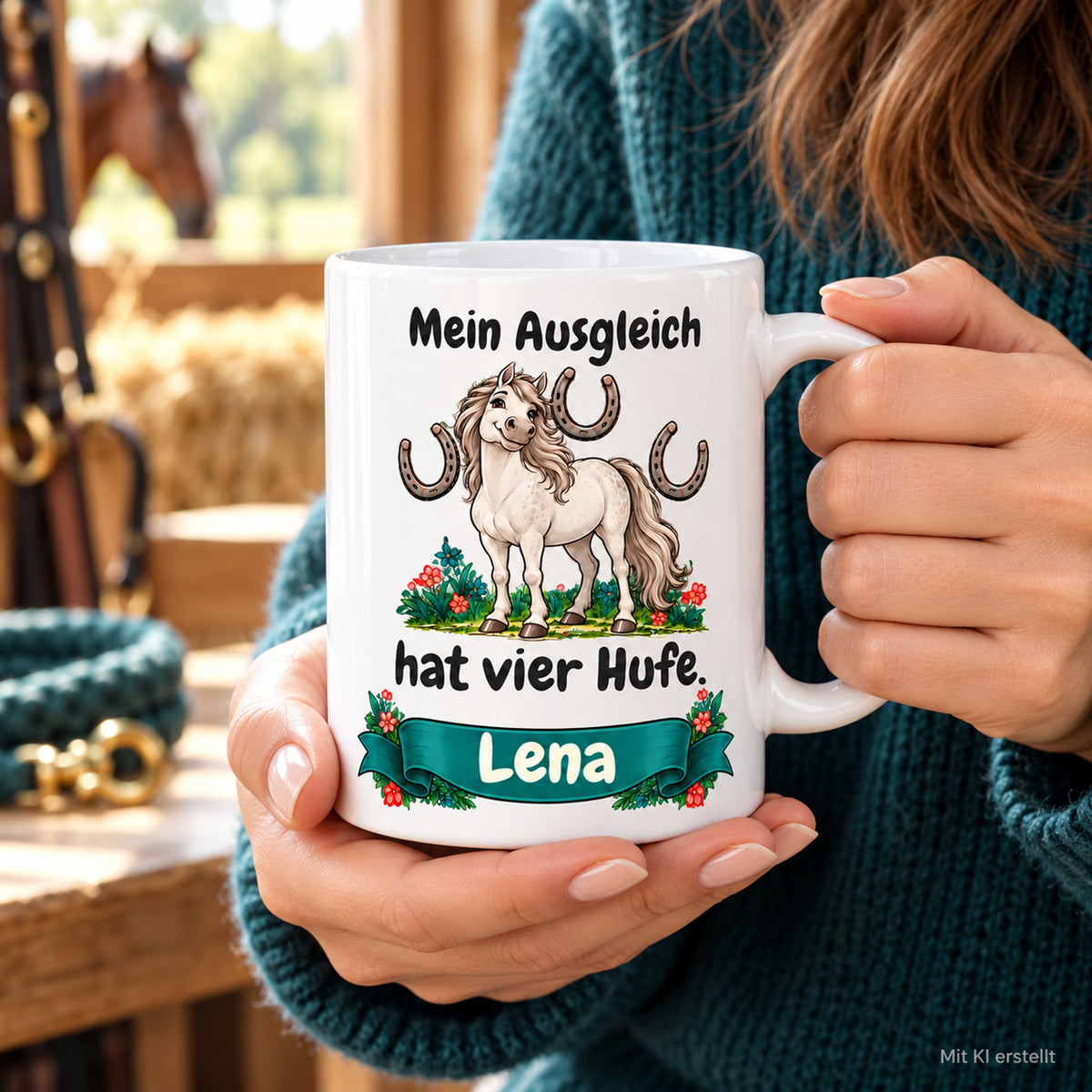 Weiße Pferdetasse mit Namen, Schimmel und Hufeisen und Spruch „Mein Ausgleich hat vier Hufe.“, in den Händen einer erwachsenen Person.