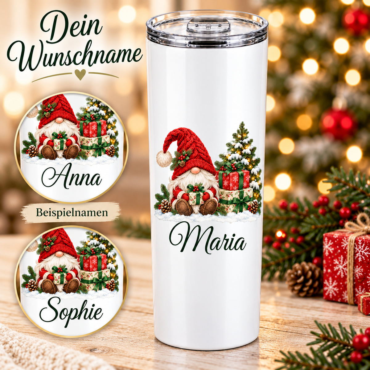 Wichtel-Thermobecher mit Wunschname und zwei Ausschnitten mit weiteren Beispielnamen
