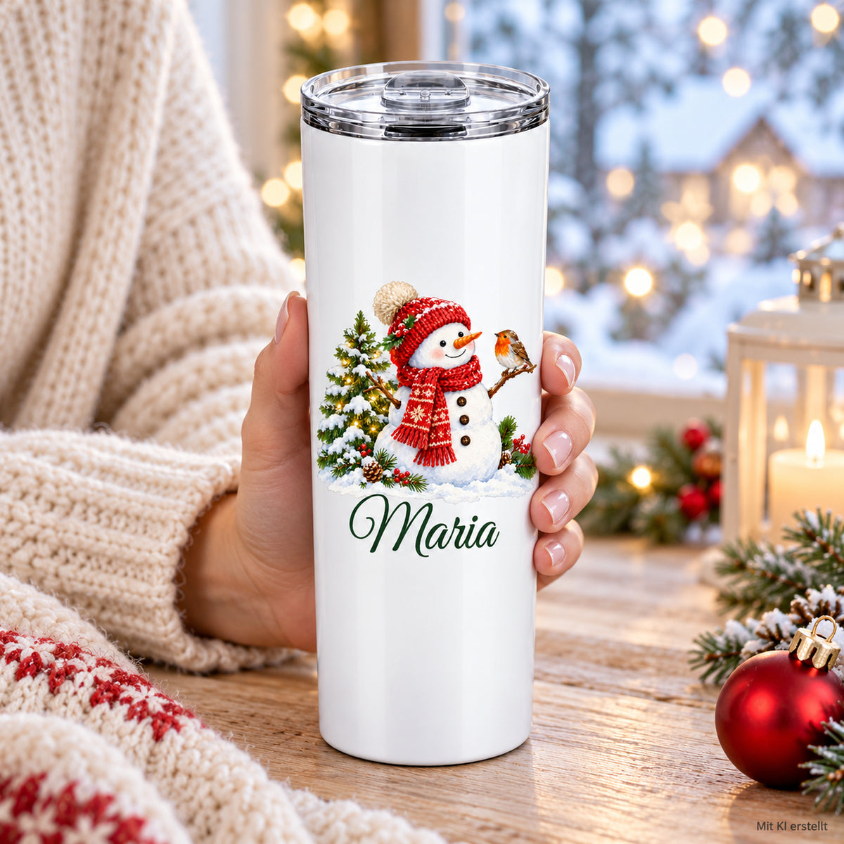 Eine Hand hält einen weißen Thermobecher mit Schneemann-Motiv und Wunschname
