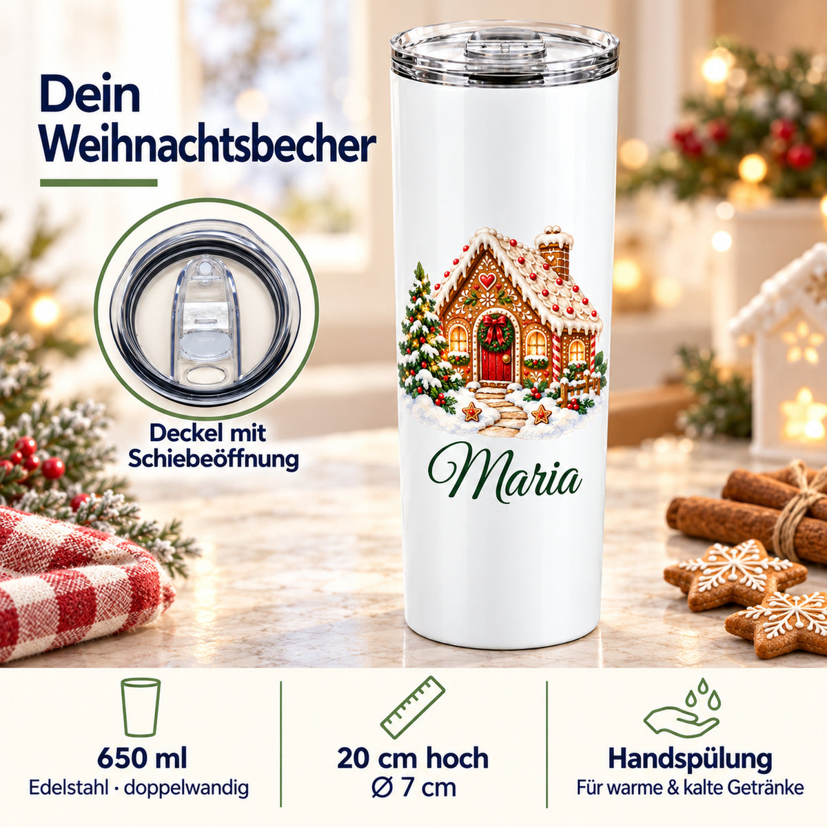 Thermobecher mit Lebkuchenhaus-Motiv: Füllmenge, Maße, Pflege und Deckel in einer Übersicht