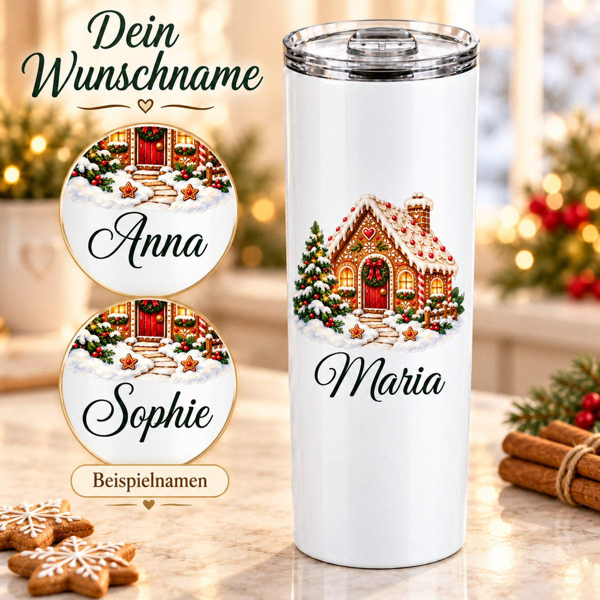Lebkuchenhaus-Thermobecher mit Wunschname und zwei Ausschnitten mit weiteren Beispielnamen