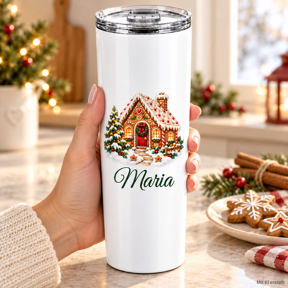 Eine Hand hält einen weißen Thermobecher mit Lebkuchenhaus-Motiv und Wunschname