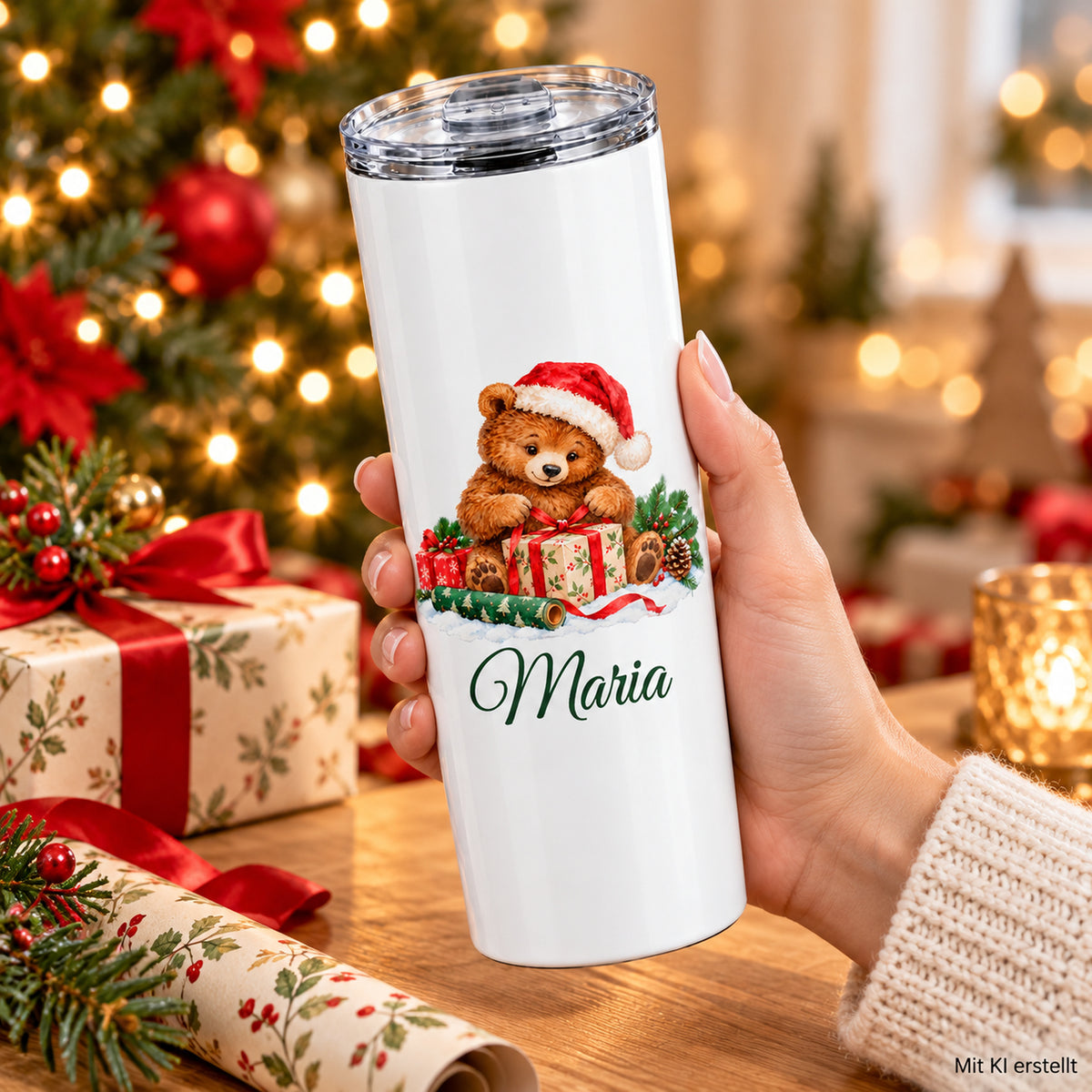 Eine Hand hält einen weißen Thermobecher mit Weihnachtsbär-Motiv und Wunschname