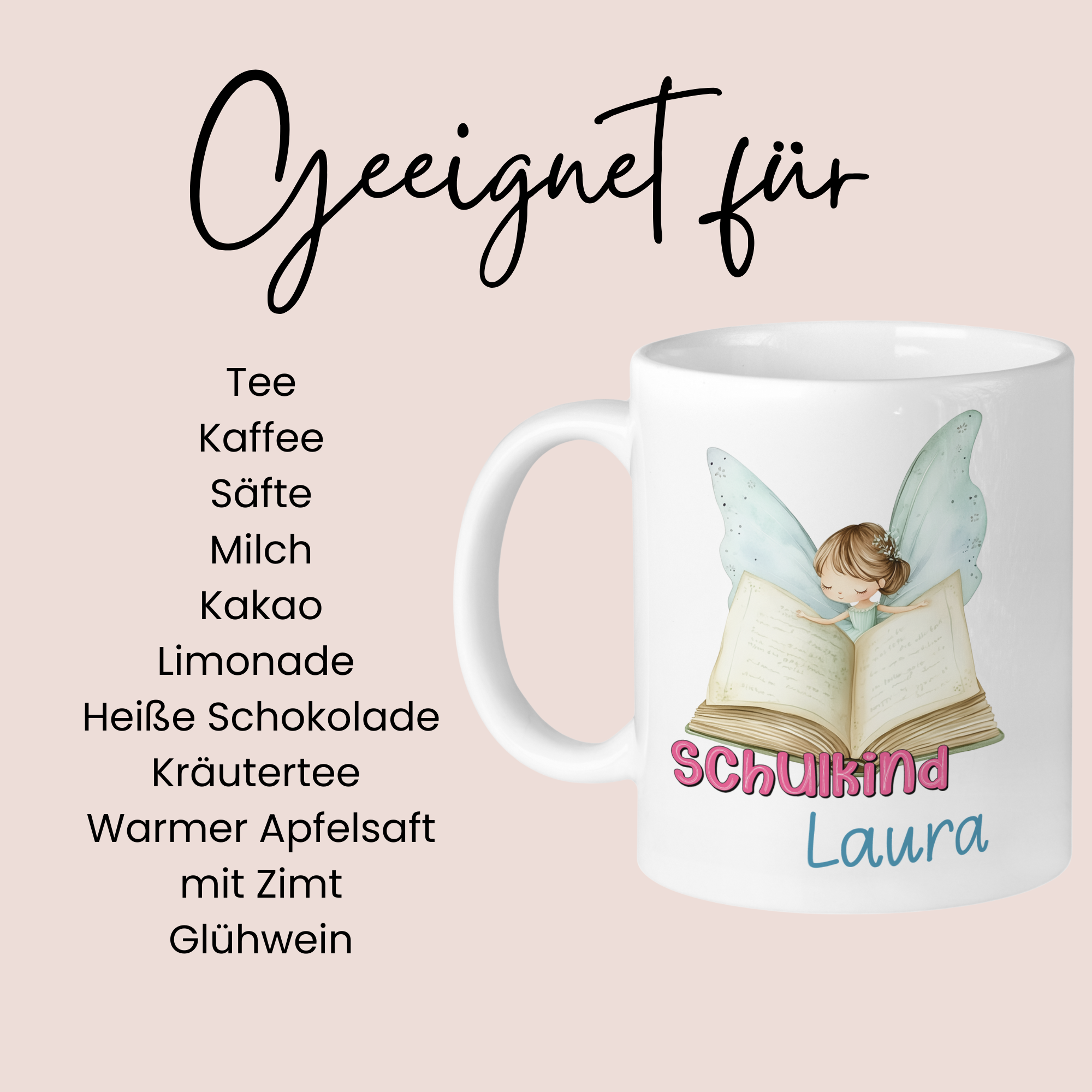Weißer Becher mit Feenmotiv und dem Namen Laura.