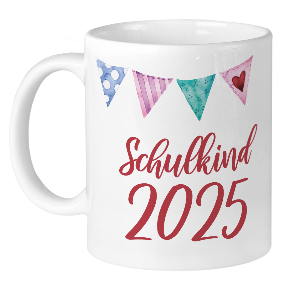 Weißer Becher mit bunten Wimpeln und "Schulkind 2025".