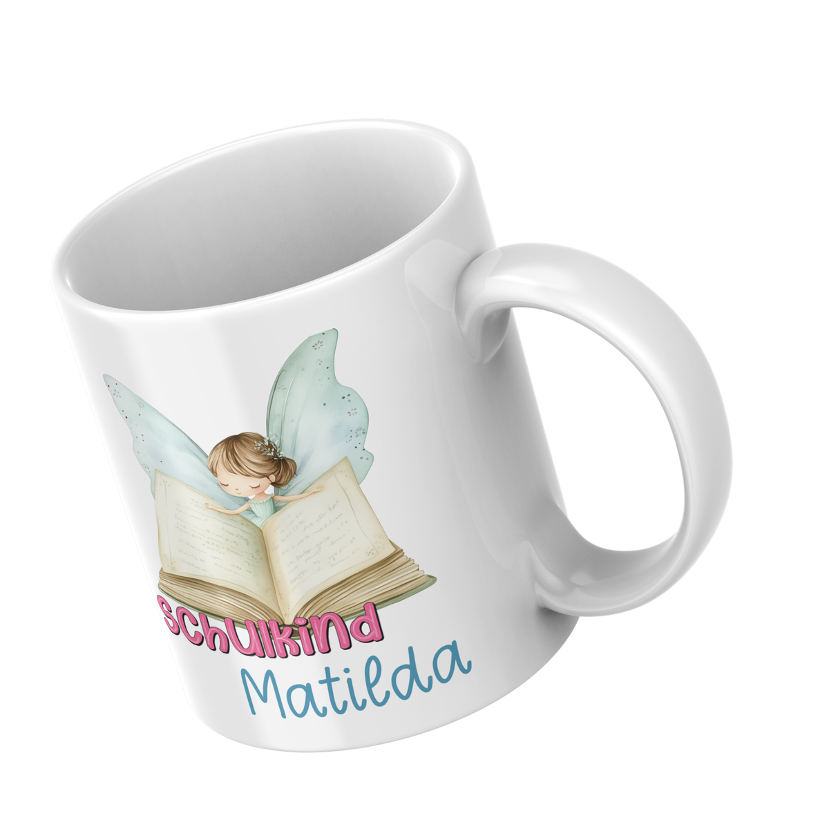 Tasse mit Feenmotiv und Name Matilda, weiß.